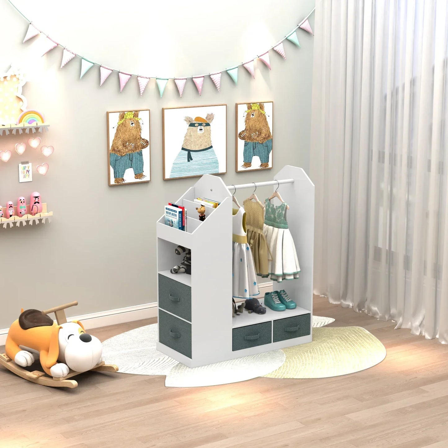 Playroom essential: white wood kids' wardrobe with mirror & storage, ideal for costumes and imaginative play.