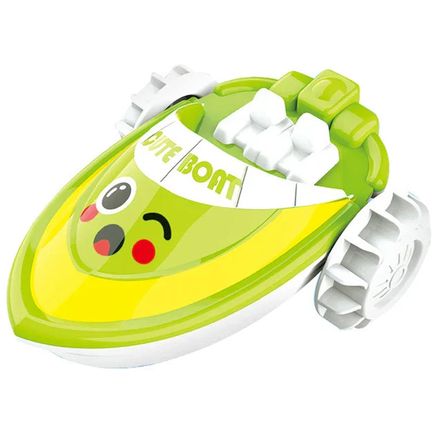 Overhead view of colorful wind-up bath toys, duck, car, boat, scattered in a tub