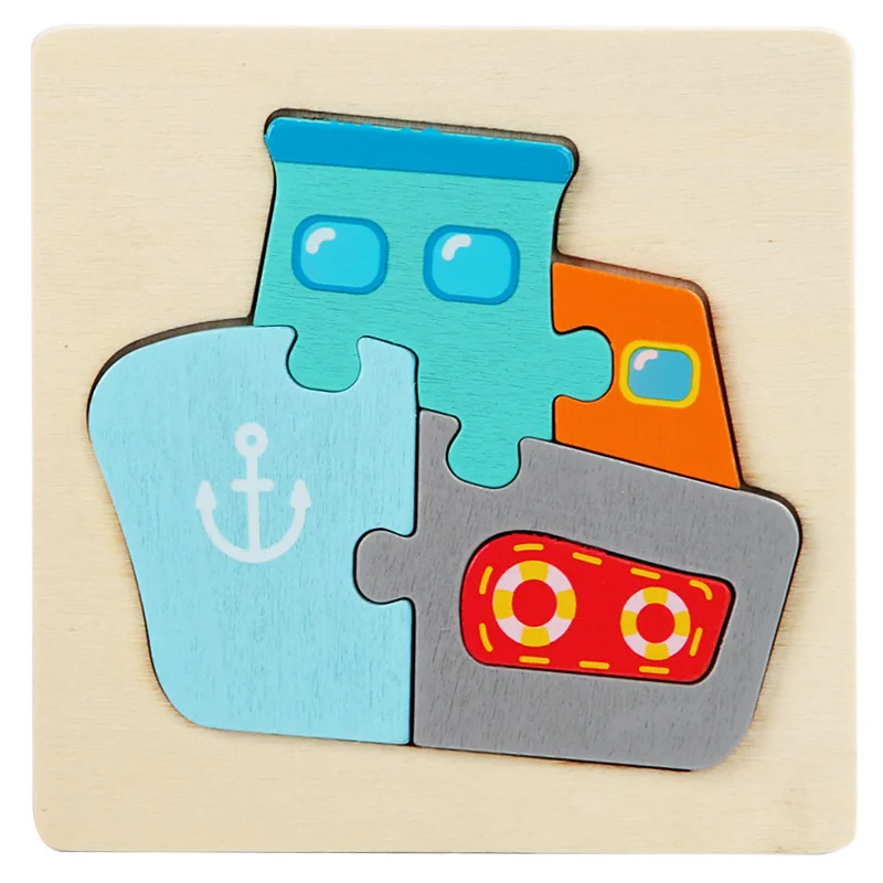 Happy child playing with a new 3D wooden educational animal puzzle, learning and fun