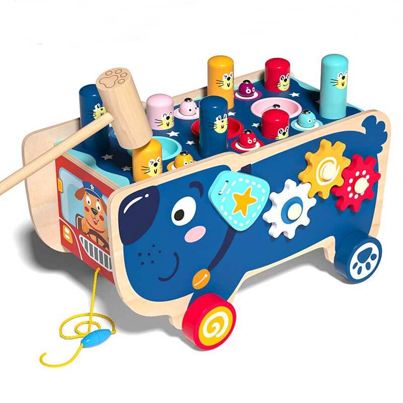Kids wooden Whack-A-Mole activity cart, a durable and educational toy that's a perfect gift for toddlers.