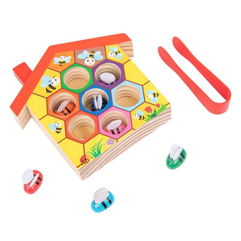 Preschool activity toy, Beehive Tweezer Game with vibrant wooden pieces