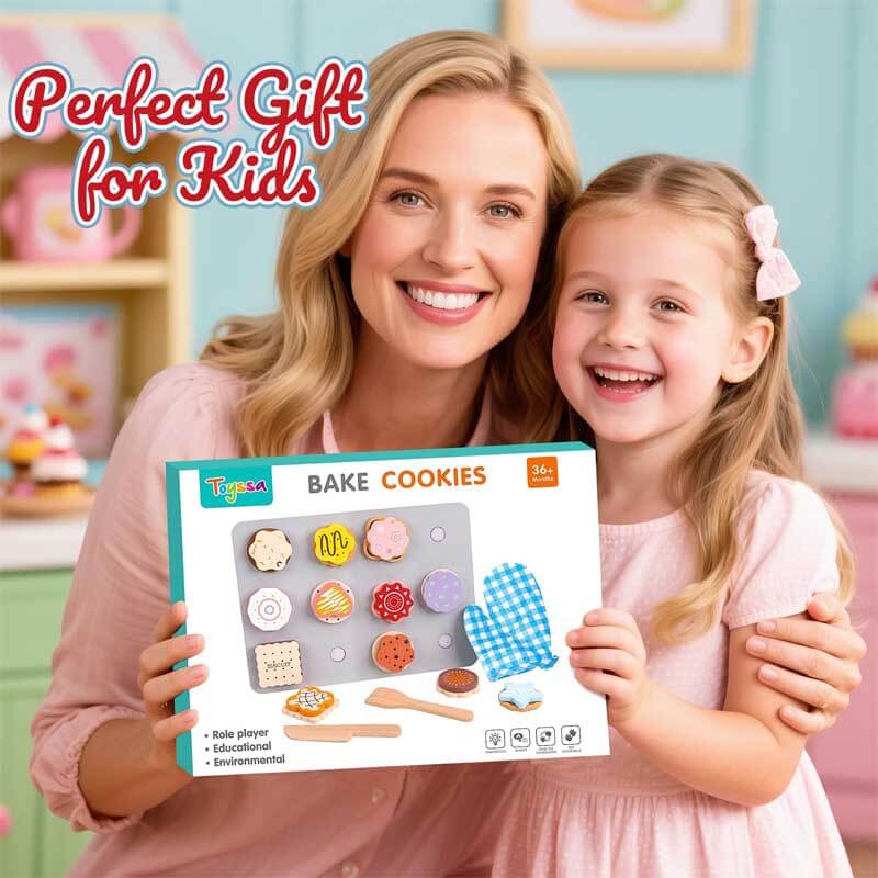 Assortment of wooden baking toys: cookies, rolling pin, and mixer from a kids' set