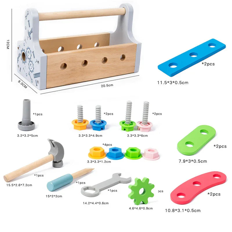 Children's creative wooden toolbox, a learning toy designed for problem solving and preschool activities