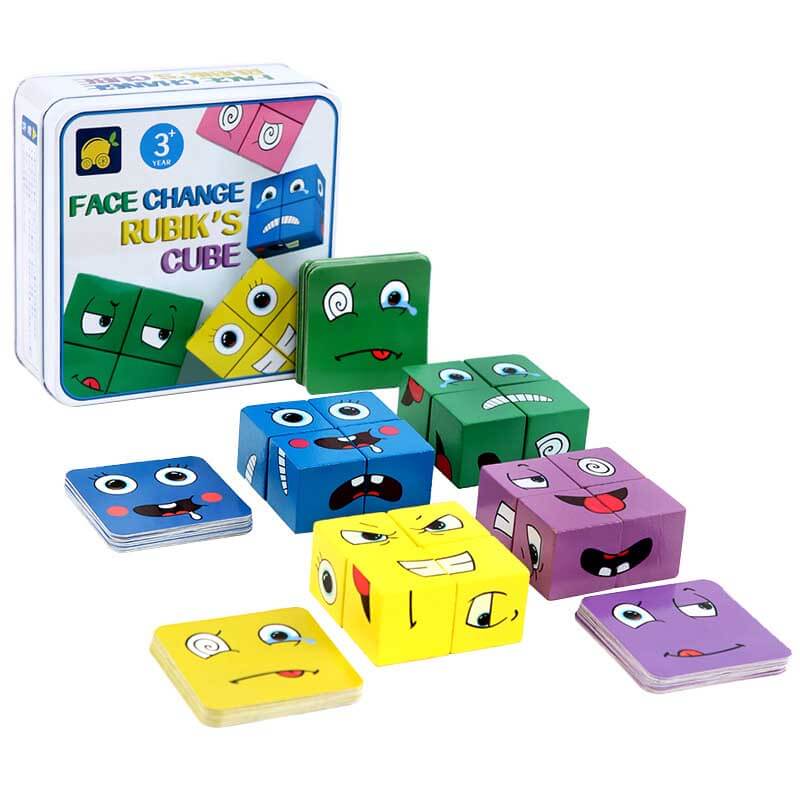 Set of wooden cubes forming various faces in a Kids' Face Matching Logic Puzzle Game