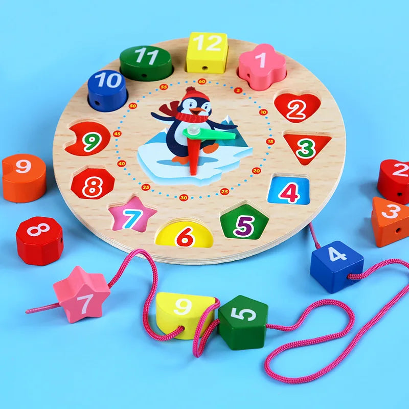 Preschooler engaging with a wooden learning clock, enhancing time-telling skills and color matching