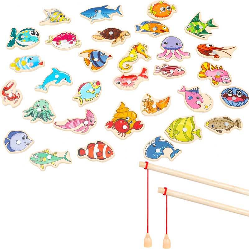 A group of colorful wooden magnetic fish from the fishing game, arranged neatly, showing details of this learning toy