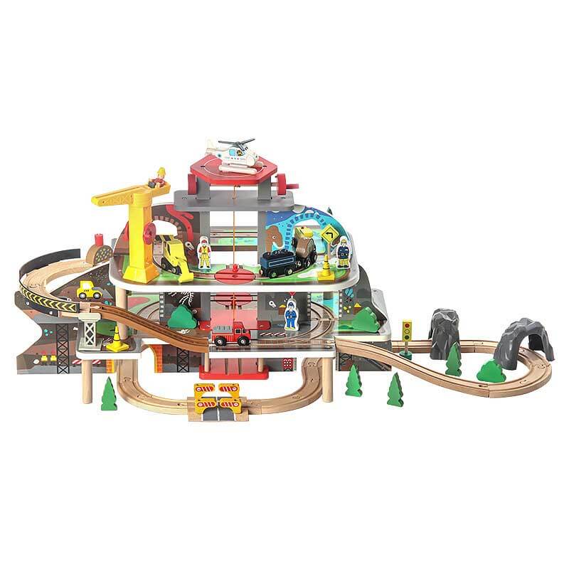 Imaginative play wooden train set for toddlers, including mine track and crane