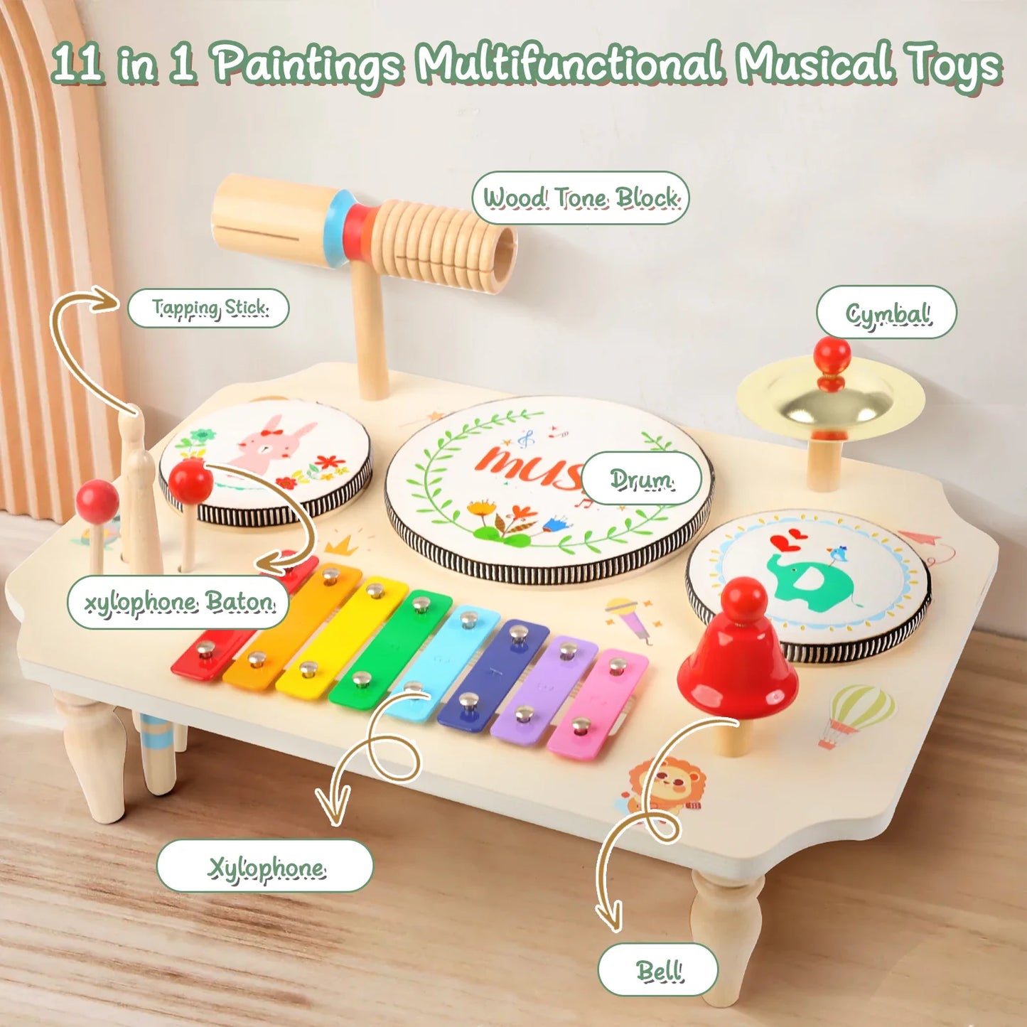 Educational preschool toy: kids wooden multi-instrument kit with colorful xylophone bars