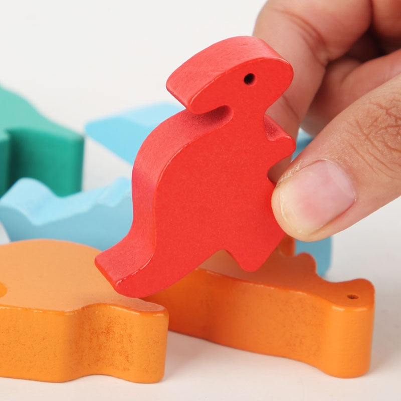 Preschool wooden stacking toy featuring animals and dinosaurs, an educational game for cognitive growth