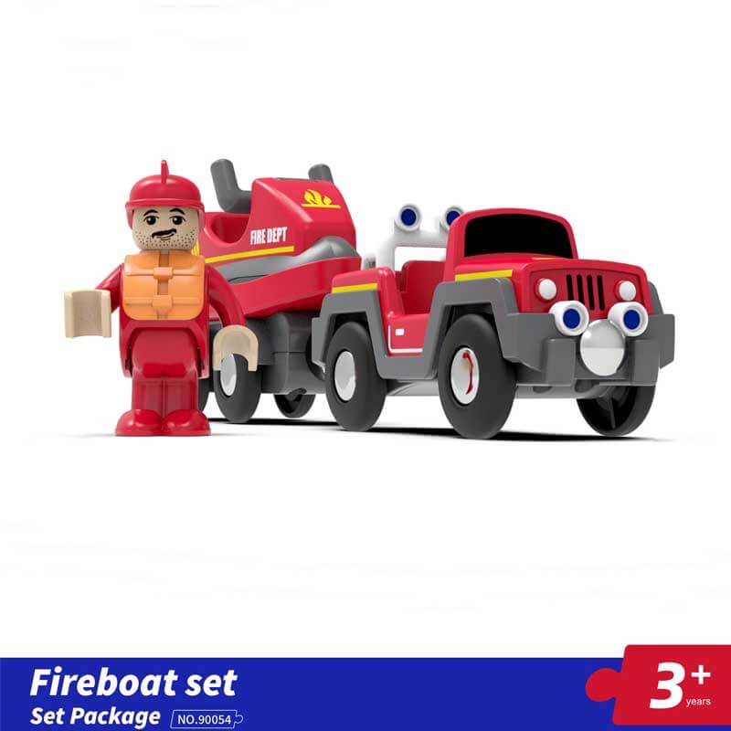 Complete wooden train set for kids with battery-operated engine, train cars & smiling figures