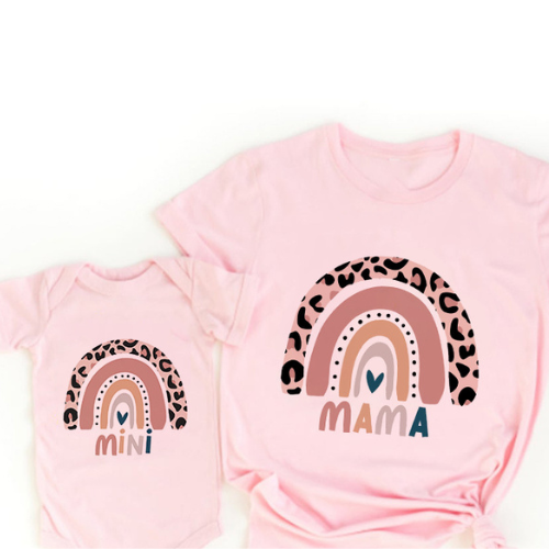 Full view of matching rainbow cotton clothing set for mom and baby