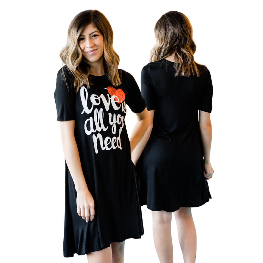 Mommy and me matching short-sleeve 'Love is All You Need' casual tee dresses, comfortable womens & kids apparel.