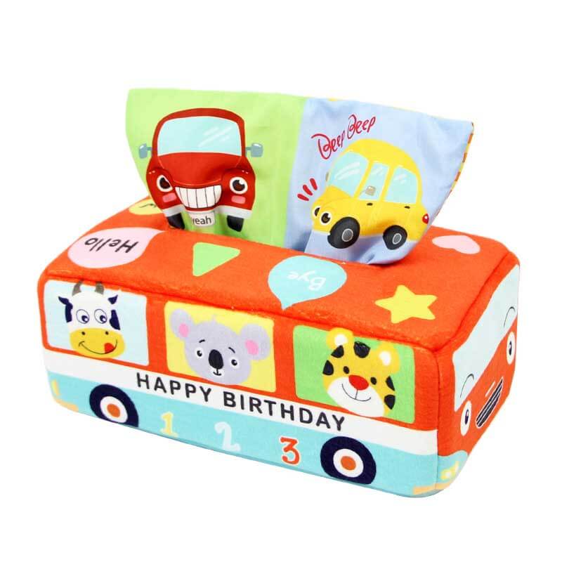 Activity toy for toddlers: Sensory tissue box with crinkle paper, multi-colored scarves, and soft fabric