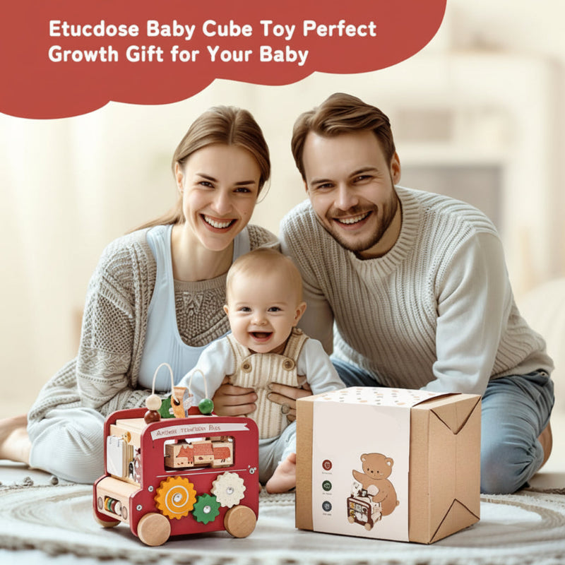 Montessori wooden bus with various activities for educational play & fine motor skill enhancement.