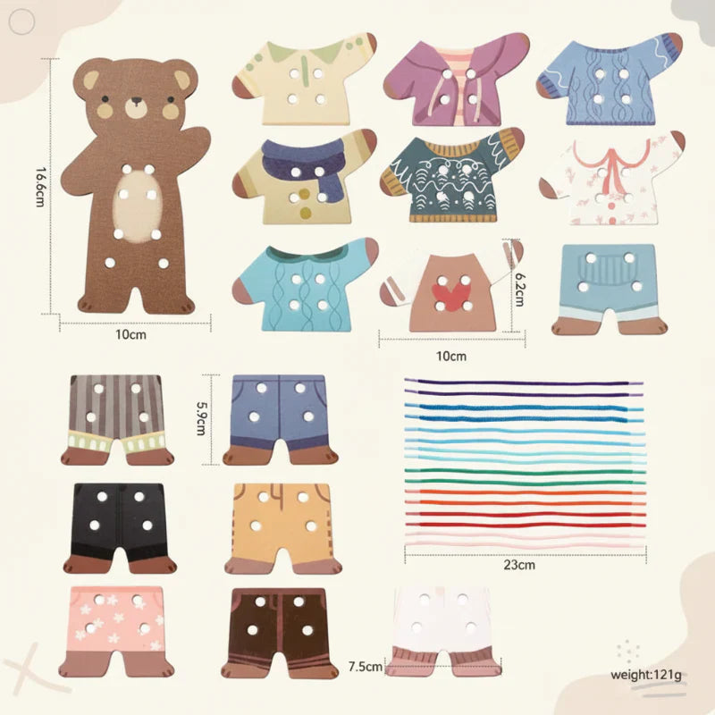 A child's hands engaging with a wooden bear threading toy, developing fine motor skills and concentration.