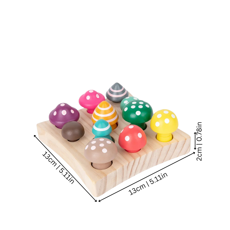 Toddler educational wooden sorting game with mushroom shapes, promoting sensory play and nature-themed learning