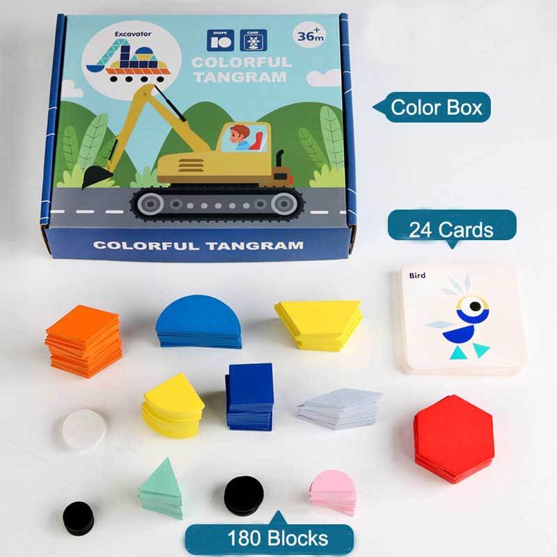 Assortment of vibrant wooden tangram geometry blocks, ideal educational toy for kids' shape recognition skill