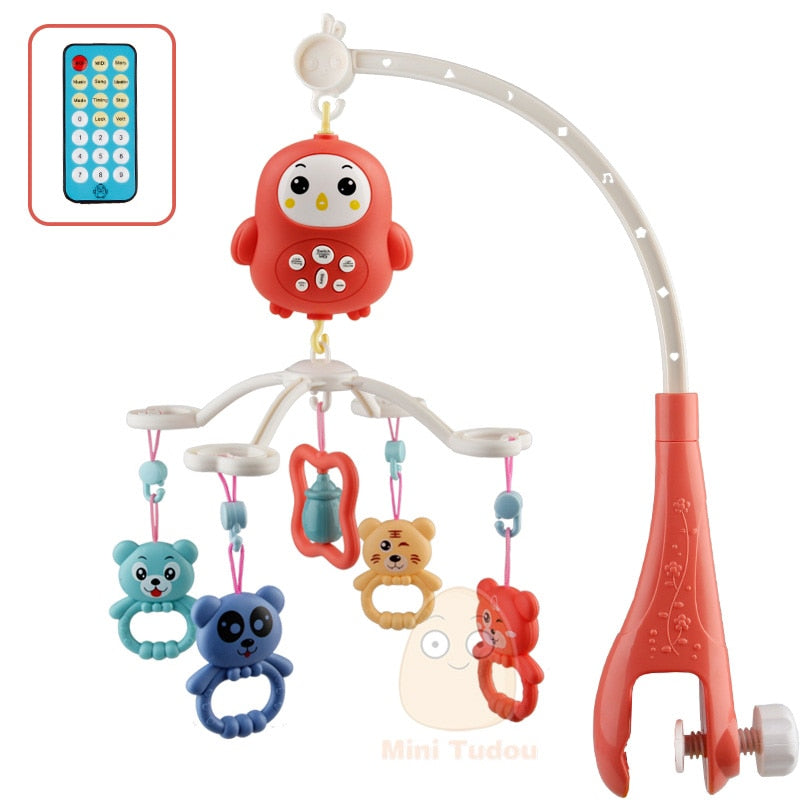 Baby entertainment mobile for crib with colorful rattles, nature sounds, and ceiling light projection