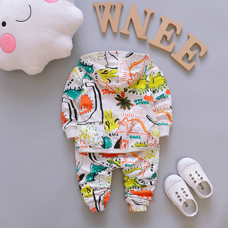 Dinosaur themed neon kids' tracksuit, 3-piece set for toddlers, comfortable and stylish childrens apparel.