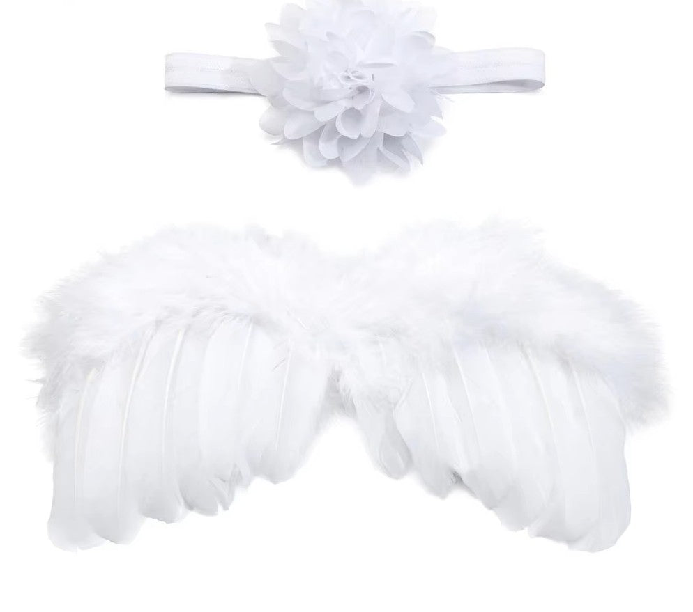 Newborn angel feather wings & colorful flower headband, a delightful set for baby milestone photos