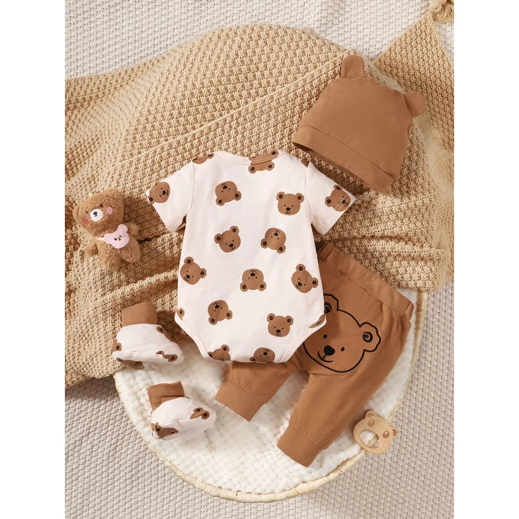 Stylish newborn boys' bear themed outfit set, made from a soft cotton blend, perfect for infant clothing collections.