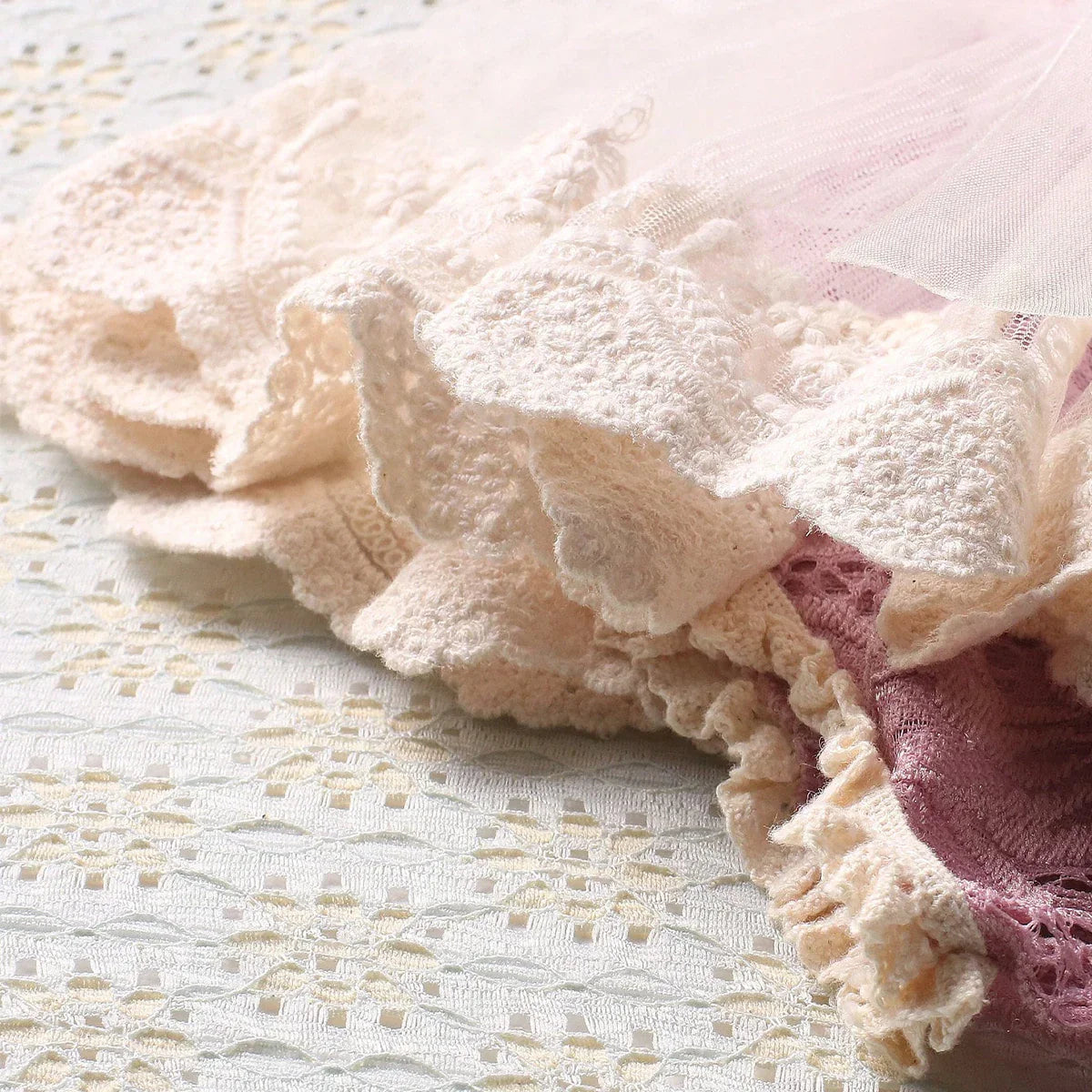 Infant girl's dusty pink lace photo romper with elastic headband, 0-1 month baby clothing