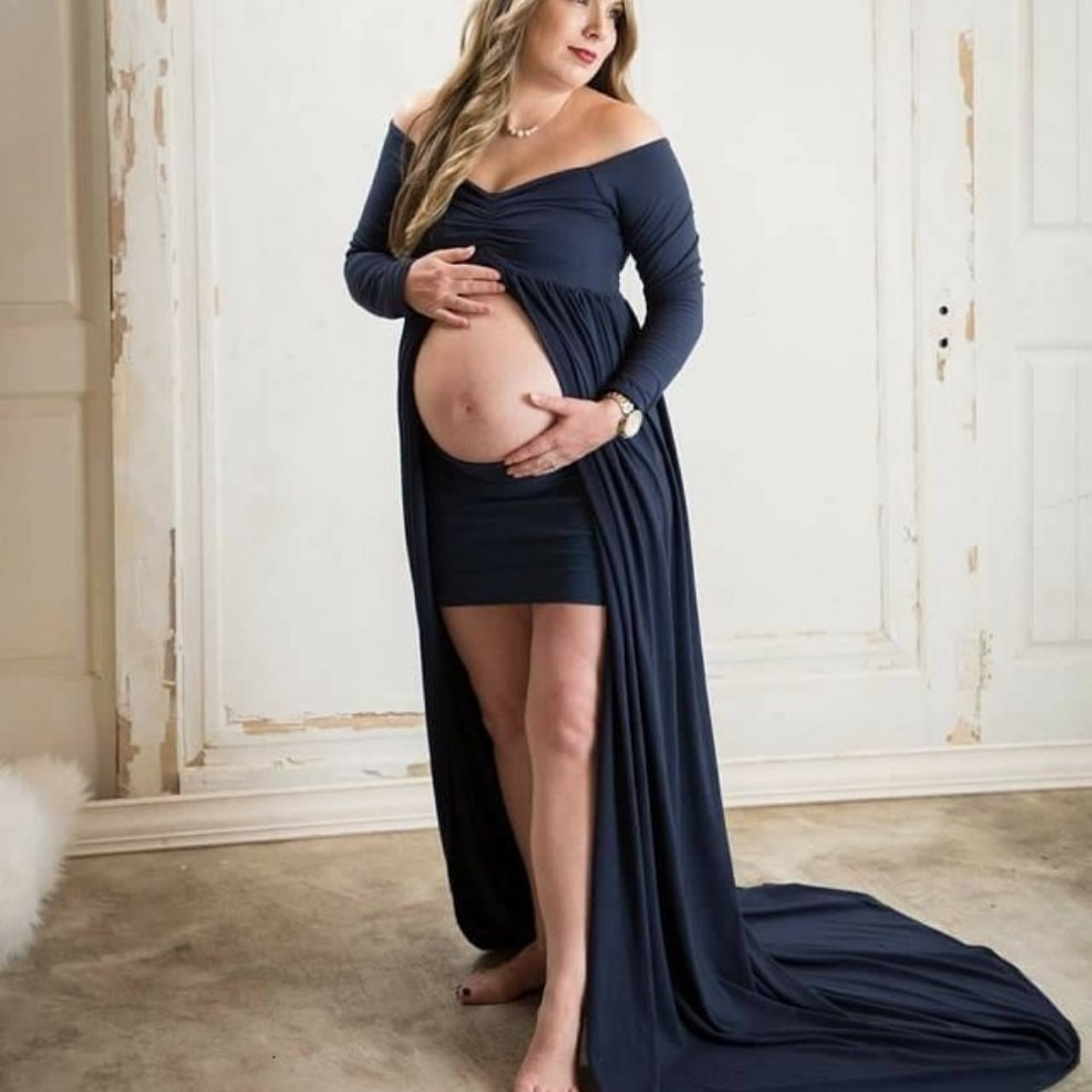 Stylish off-shoulder maternity maxi dress, part of a mom and me outfit set, great for pregnancy fashion.
