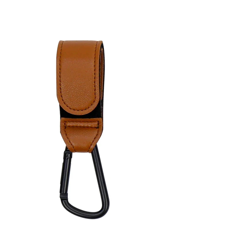 Ergonomic design of a black PU leather stroller hook with wide opening clasp