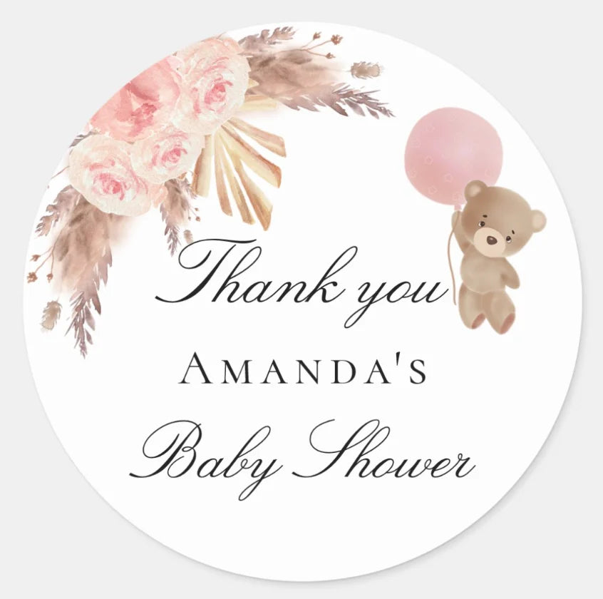 Custom bear stickers with balloons, personalized for baptism celebrations and baby shower decor.
