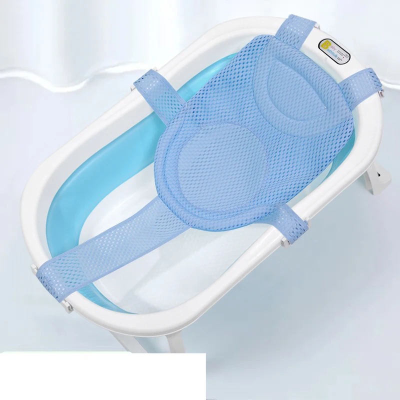 Pink non-slip infant bath support net folded, illustrating its compact storage and portability for baby care