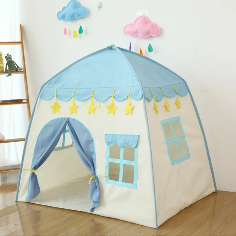 Portable princess playtent, a vibrant pink and blue castle for kids' activity and role-play