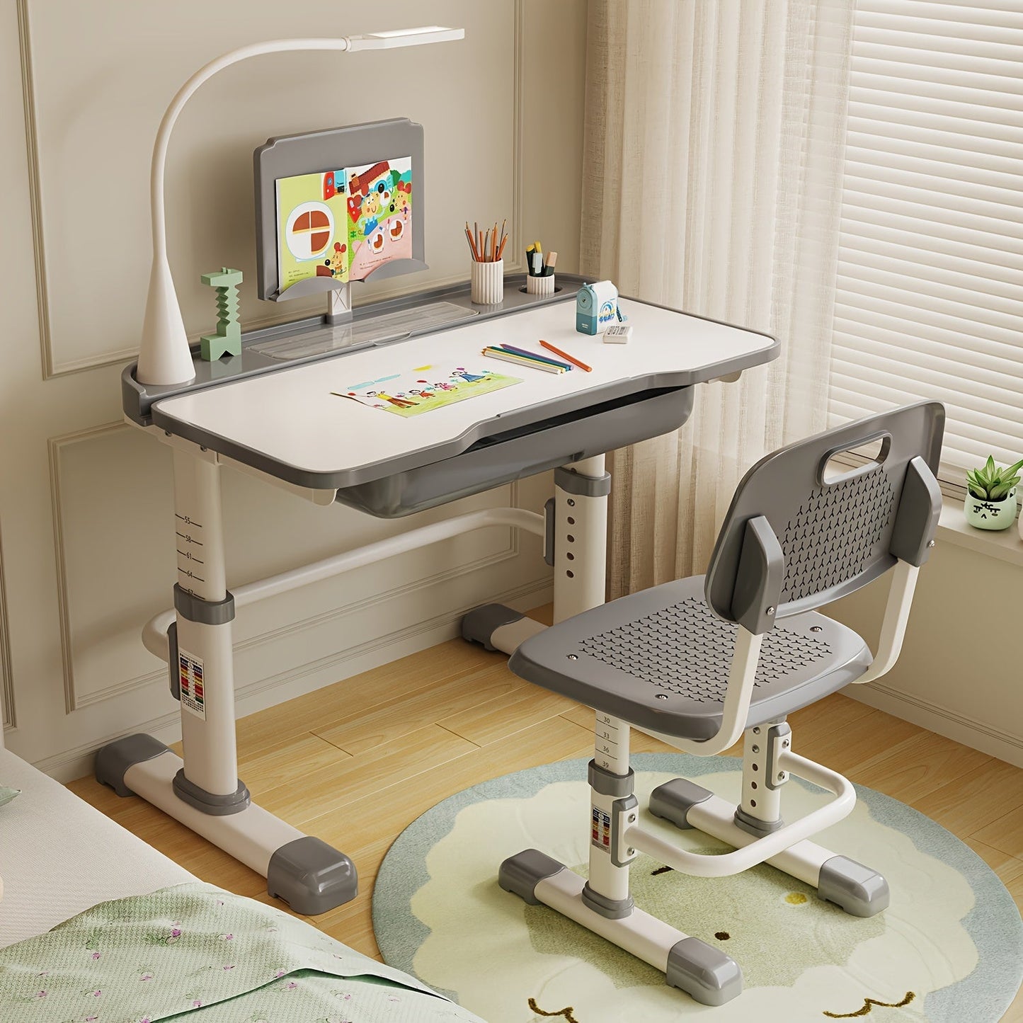 Durable blue kids writing desk and chair combo, designed for comfortable study