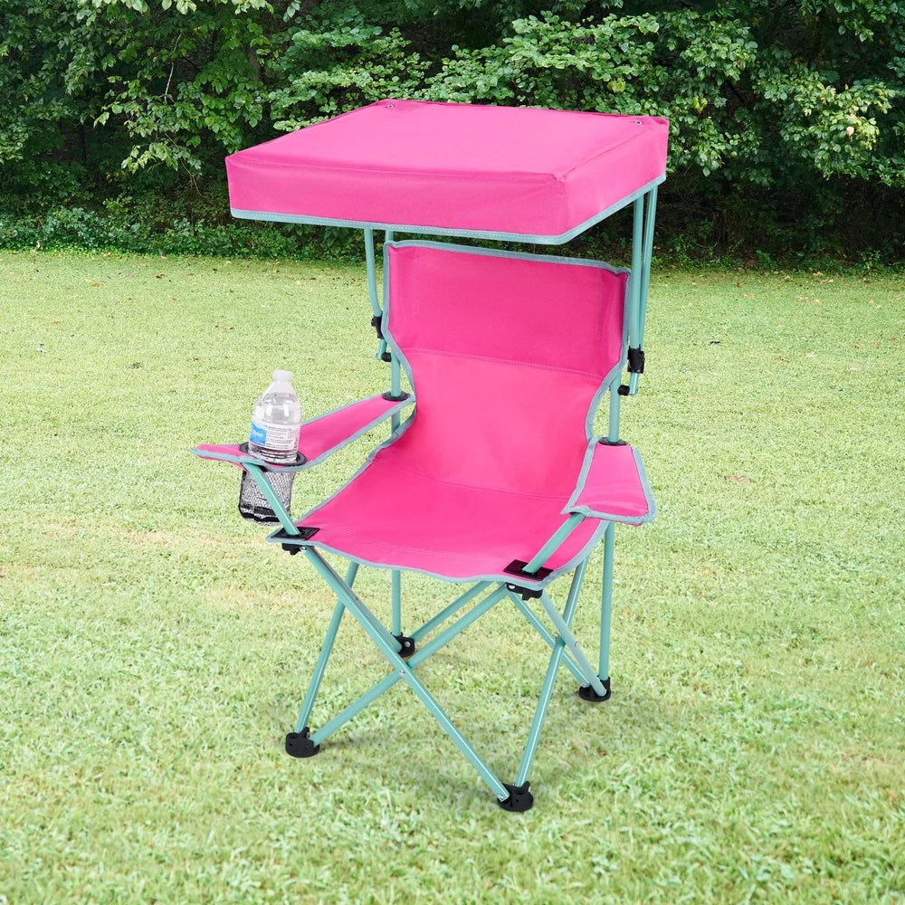 Toddler's pink folding chair with sunshade, cup holder, designed for easy transport and outdoor fun.