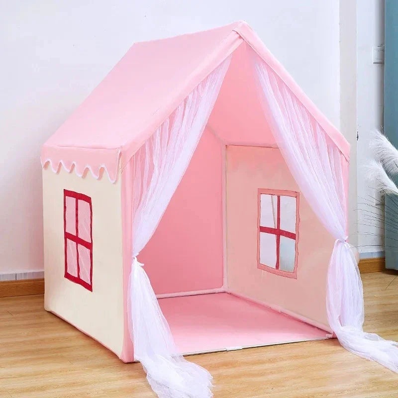 Outdoor view of a pink princess castle foldable play tent, suitable for backyard and garden fun.