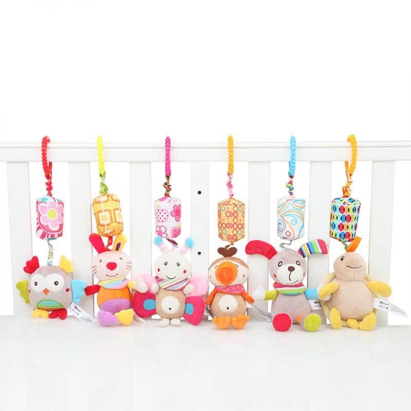 Musical hanging plush animal toy for babies, perfect for strollers and cribs, a developmental infant toy.