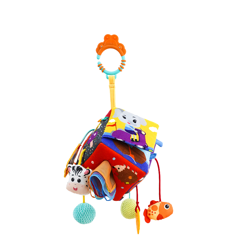 Baby sensory clip-on mobile for cribs and strollers, with hanging soft animals and engaging features