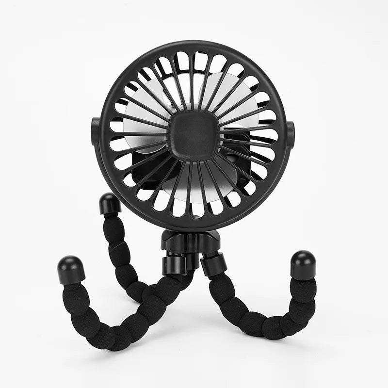 Multiple power options for portable fan: USB, showing battery indicator lights.