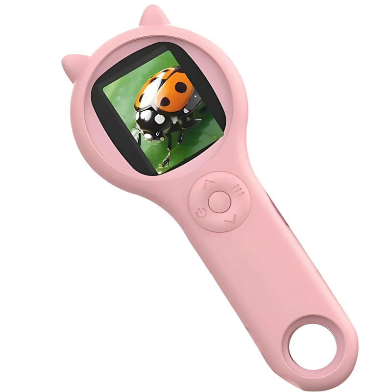 Kids' educational digital microscope in pink, featuring an HD screen for clear scientific discovery.