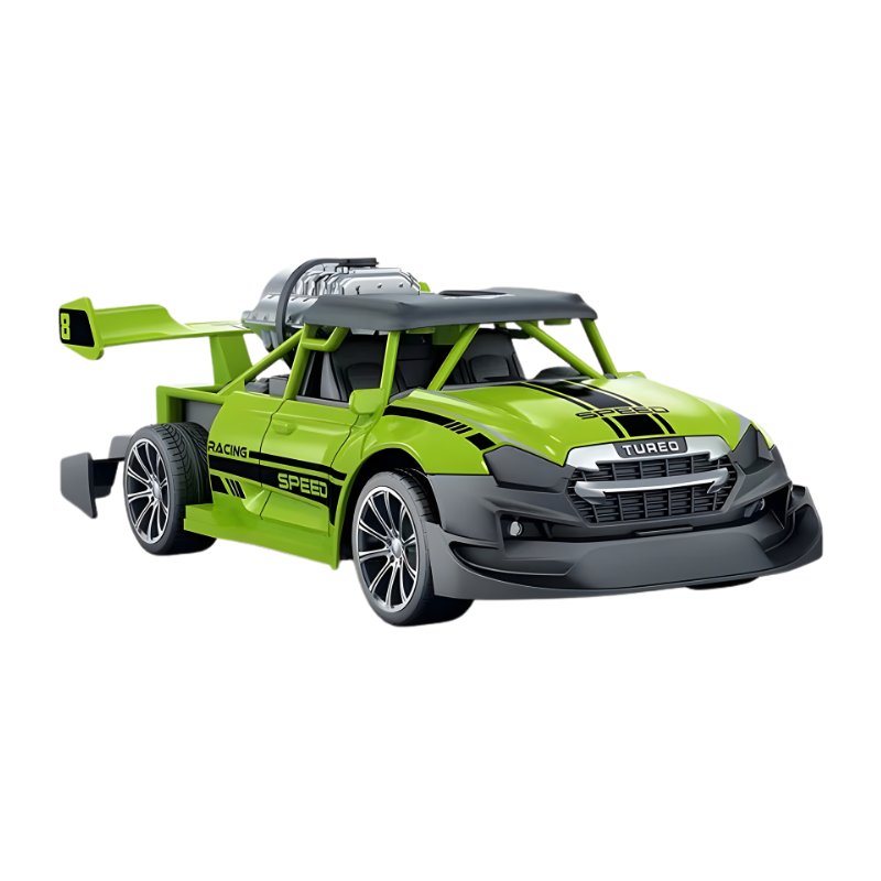 Side view of a blue RC stunt car, highlighting its mist effect and brilliant LED lights, for boys and girls.