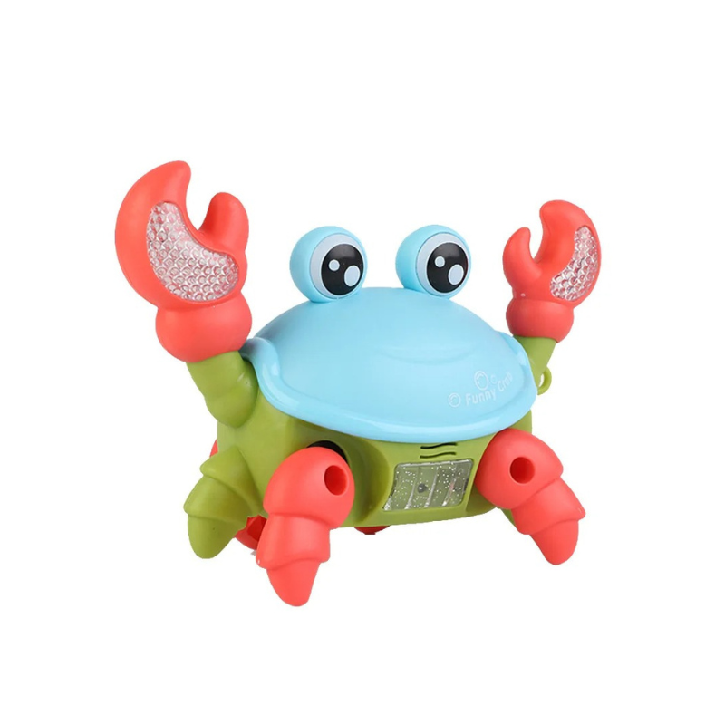 Musical moving crab toy in action, entertaining a baby on a playmat, promoting motor skills