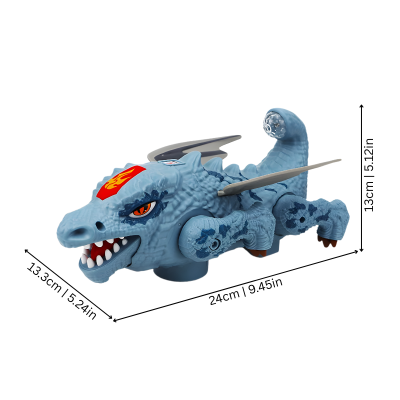 Electronic dragon toy performing stunts, designed for toddlers and children, featuring vivid lights and sounds.