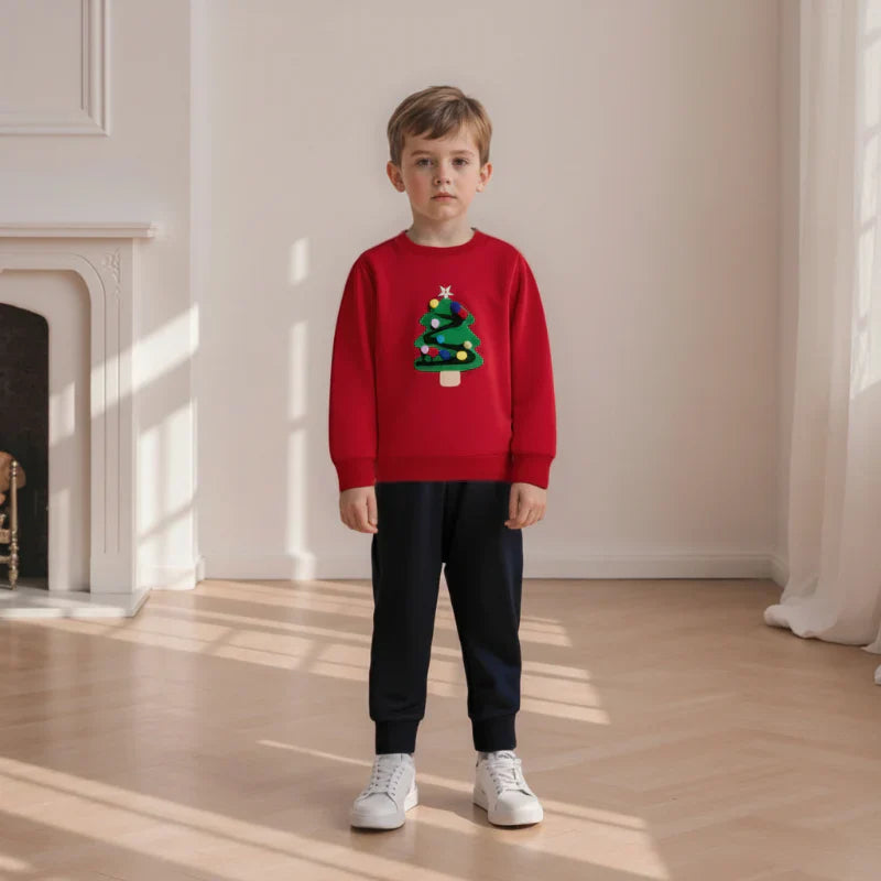 Soft red cotton blended kids' Christmas tree sweater, comfortable and festive children's clothing.