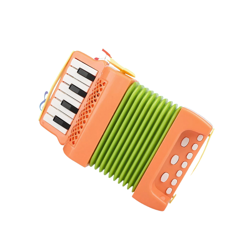 A child's hands playing a colorful mini accordion toy, highlighting its portability and educational value.
