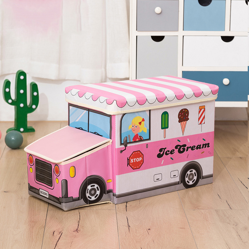 Green bus-shaped storage chest with a comfortable lid seat, ideal kids' furniture for toys.