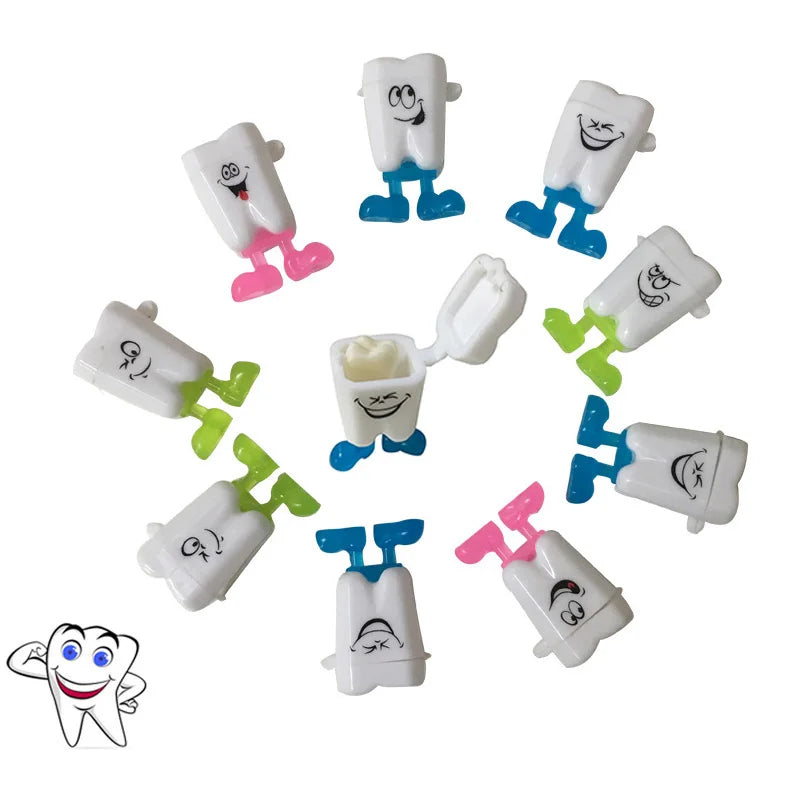 Organized display of 10 baby tooth storage boxes, offering a playful way to keep first tooth memories.