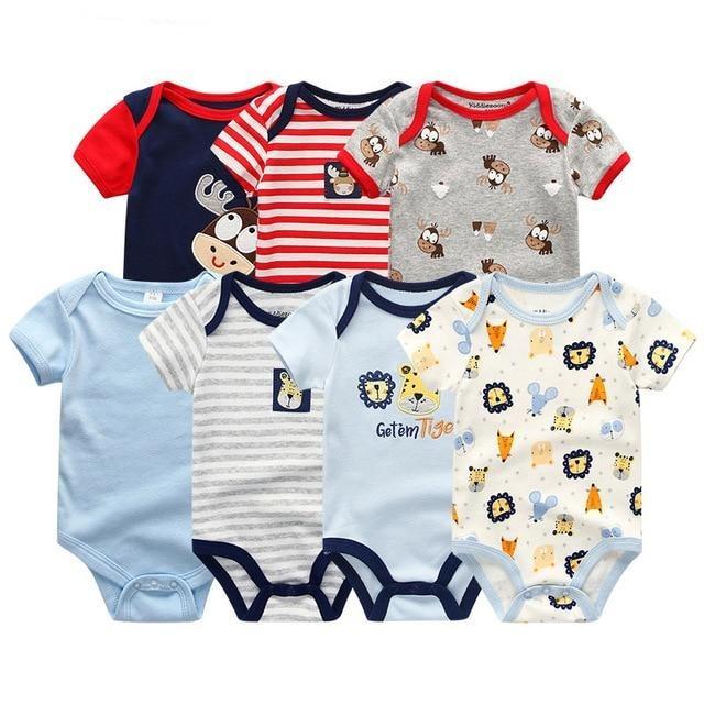 Essential baby gift set: 7 soft cotton rompers and jumpsuits for newborns and infants.