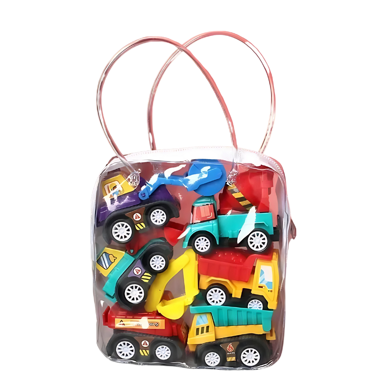Close-up of a child's hand playing with a red pullback toy car from the 6-piece playset.