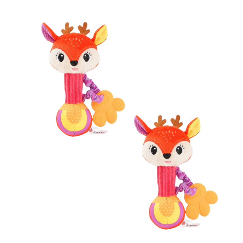 Multiple plush animal baby rattles displayed, sensory cotton toys for infants