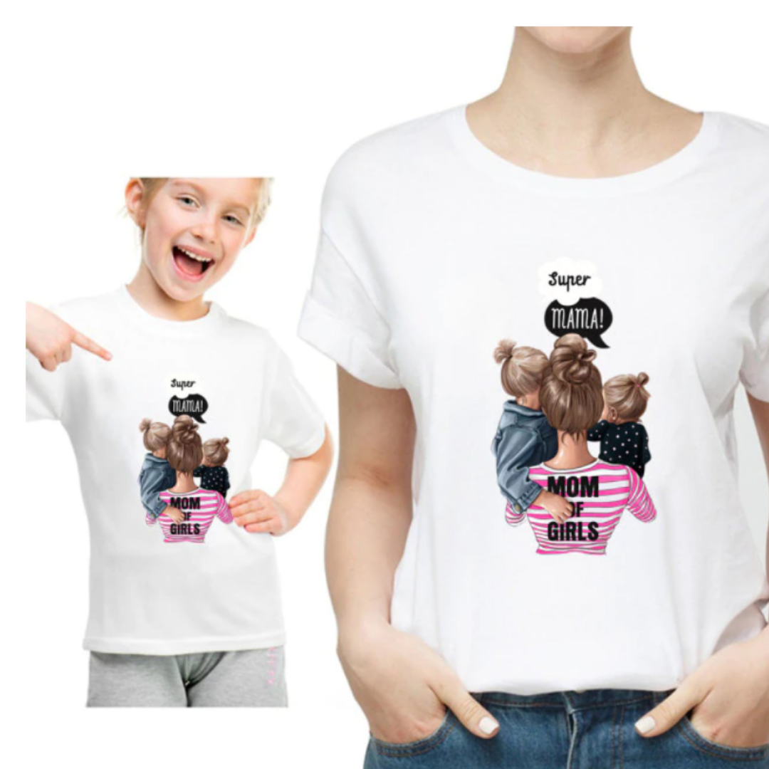 Super Mama and daughter matching pink cotton t-shirts, ideal mommy and me casual wear for women and girls