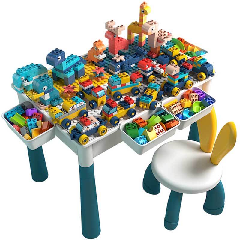 Nursery decor: a compact kids furniture activity table and chair set, designed for toddlers' building block fun.